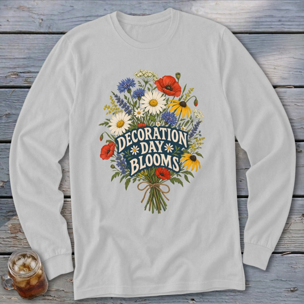 Light grey long sleeve shirt with "Decoration Day Blooms" floral bouquet graphic.