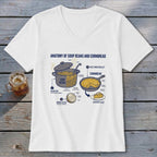 White v-neck t-shirt with "Anatomy of Soup Beans and Cornbread" graphic.