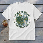 White t-shirt with circular graphic of bear fishing, text "Holler Bear Fishin Hole".