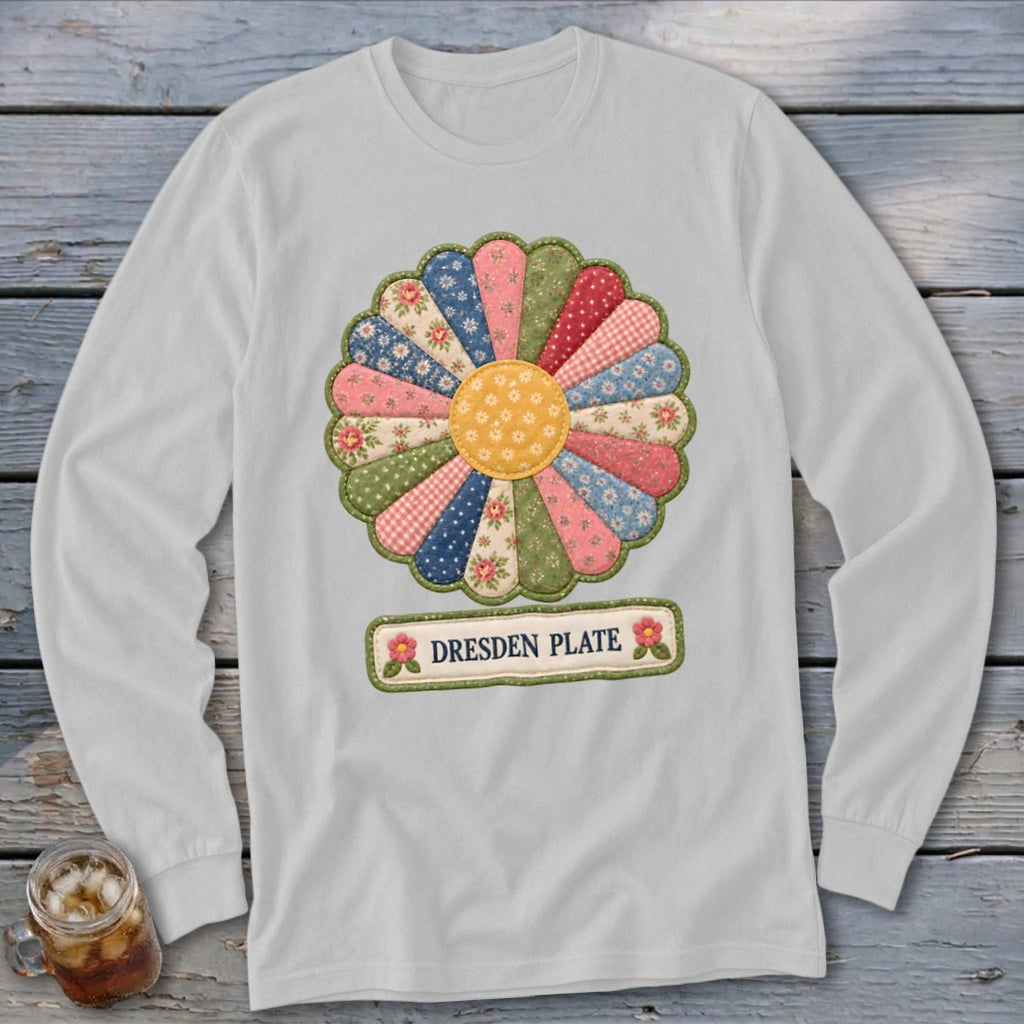 Light gray long-sleeved shirt with a colorful Dresden plate flower graphic and text.