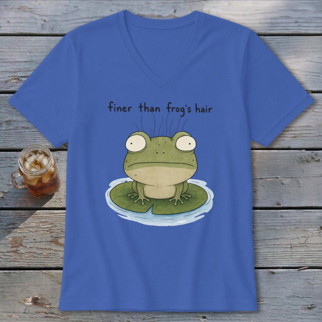 Royal blue V-neck t-shirt featuring a cartoon frog on a lily pad with the text finer than frog's hair.