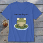 Royal blue V-neck t-shirt featuring a cartoon frog on a lily pad with the text finer than frog's hair.