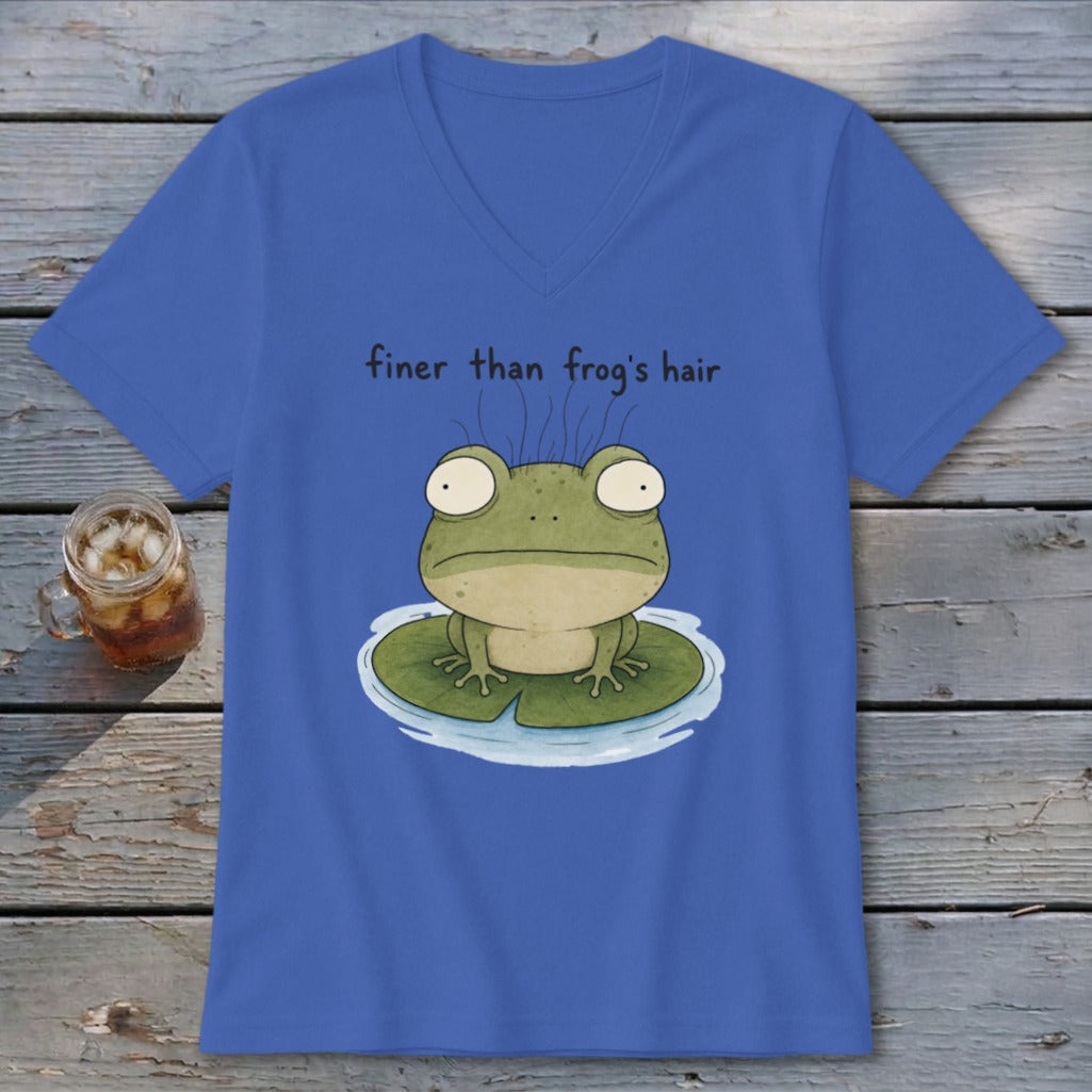Royal blue V-neck t-shirt featuring a cartoon frog on a lily pad with the text finer than frog's hair.