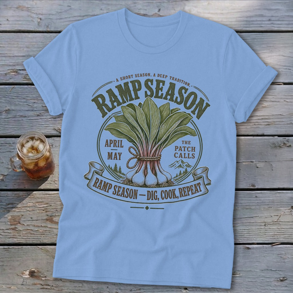 Light blue t-shirt with "Ramp Season" design featuring a bundle of ramps and text.