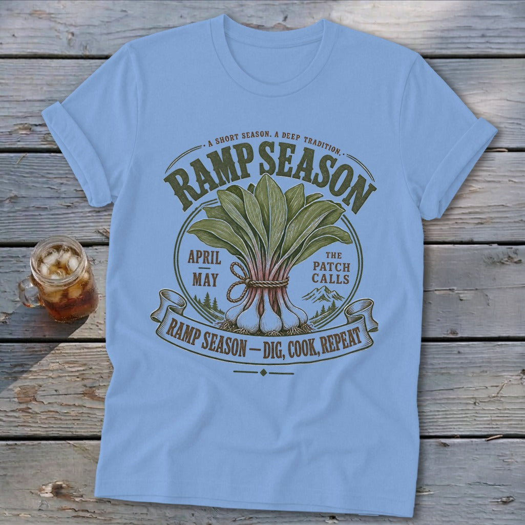 Light blue t-shirt with "Ramp Season" design featuring a bundle of ramps and text.