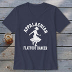 Dark blue v-neck t-shirt featuring a white graphic of a dancer with Appalachian Flatfoot Dancer text.