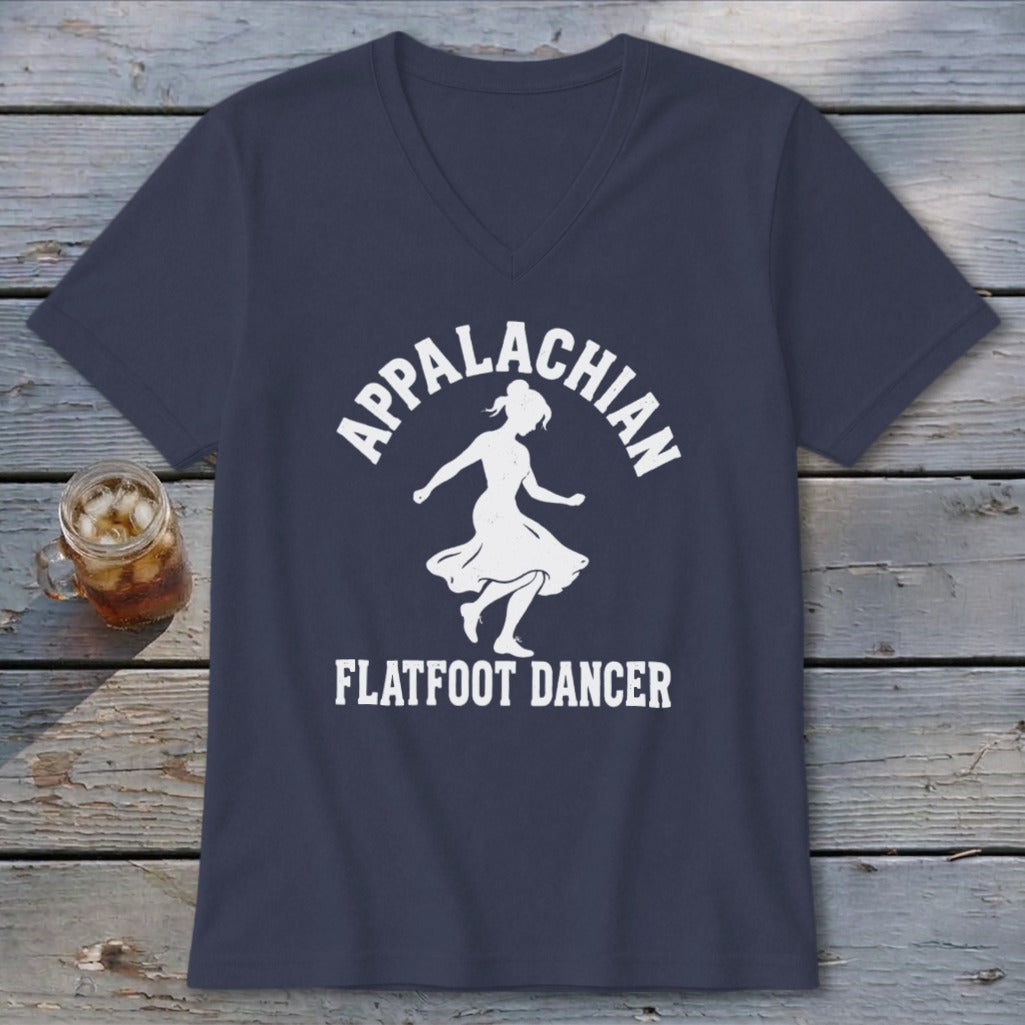 Dark blue v-neck t-shirt featuring a white graphic of a dancer with Appalachian Flatfoot Dancer text.