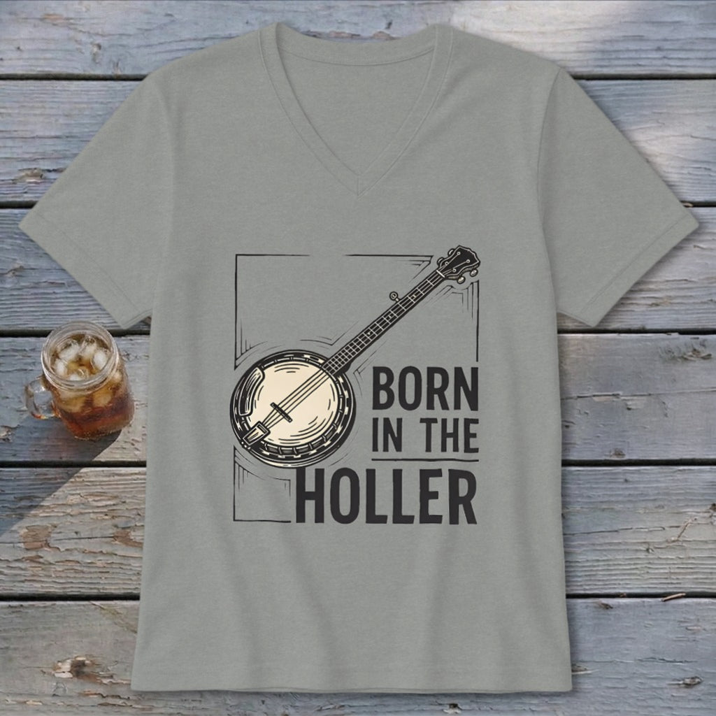 Gray t-shirt with banjo graphic and text "BORN IN THE HOLLER".