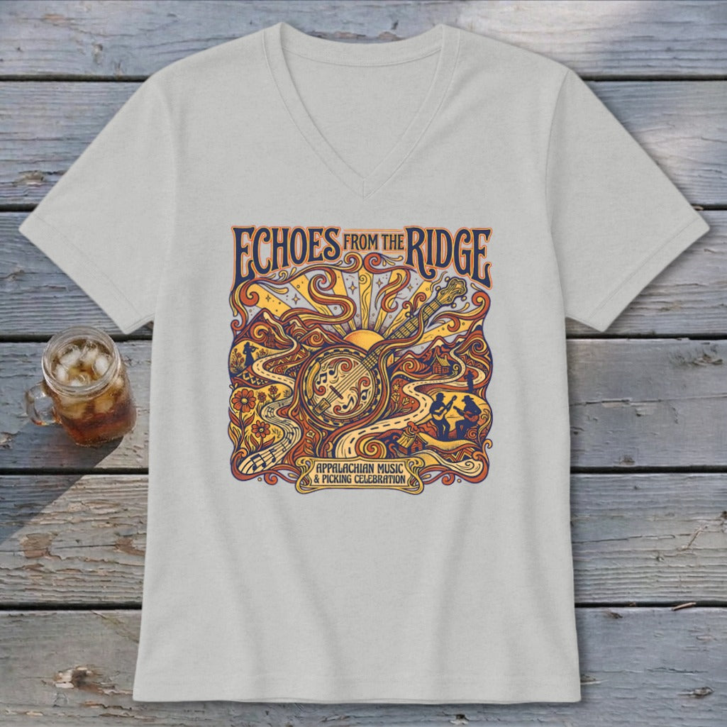 Light gray v-neck t-shirt with "Echoes From The Ridge" and Appalachian music festival graphic.
