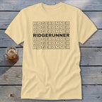 Light yellow t-shirt with black text "RIDGERUNNER" repeated seven times.