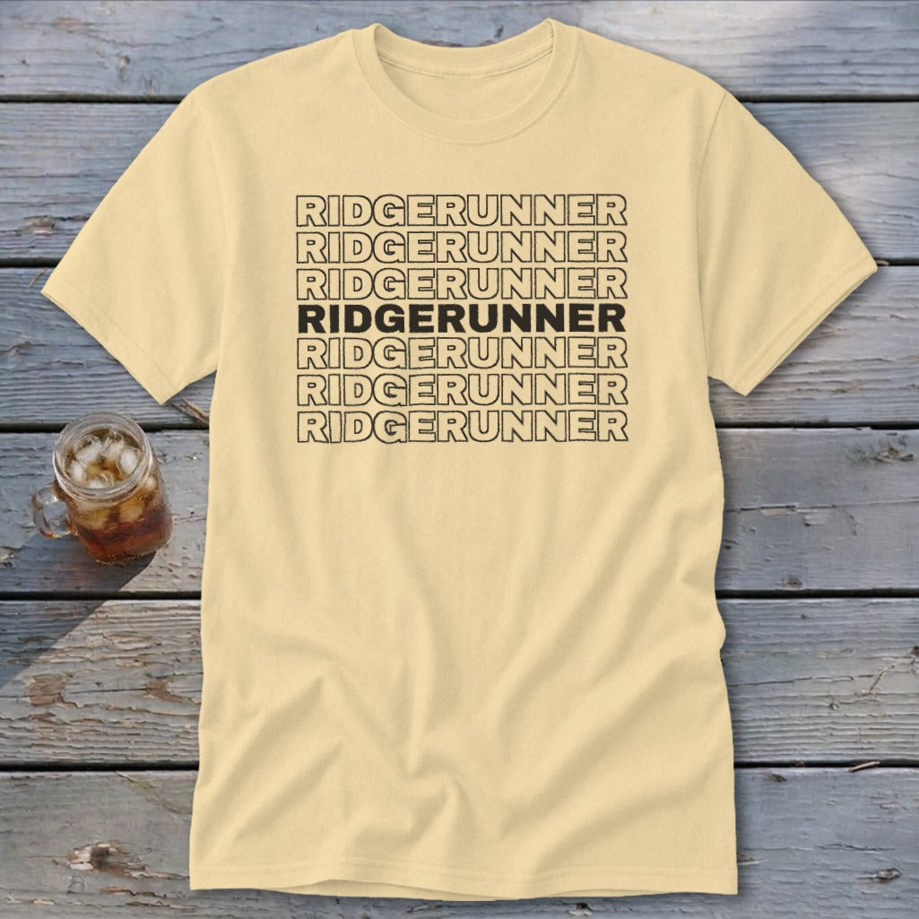 Light yellow t-shirt with black text "RIDGERUNNER" repeated seven times.