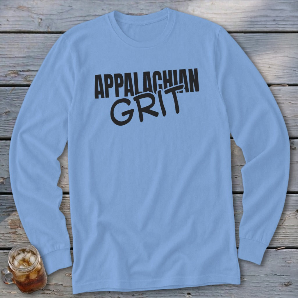 Light blue long-sleeve shirt with black "APPALACHIAN GRIT" text.