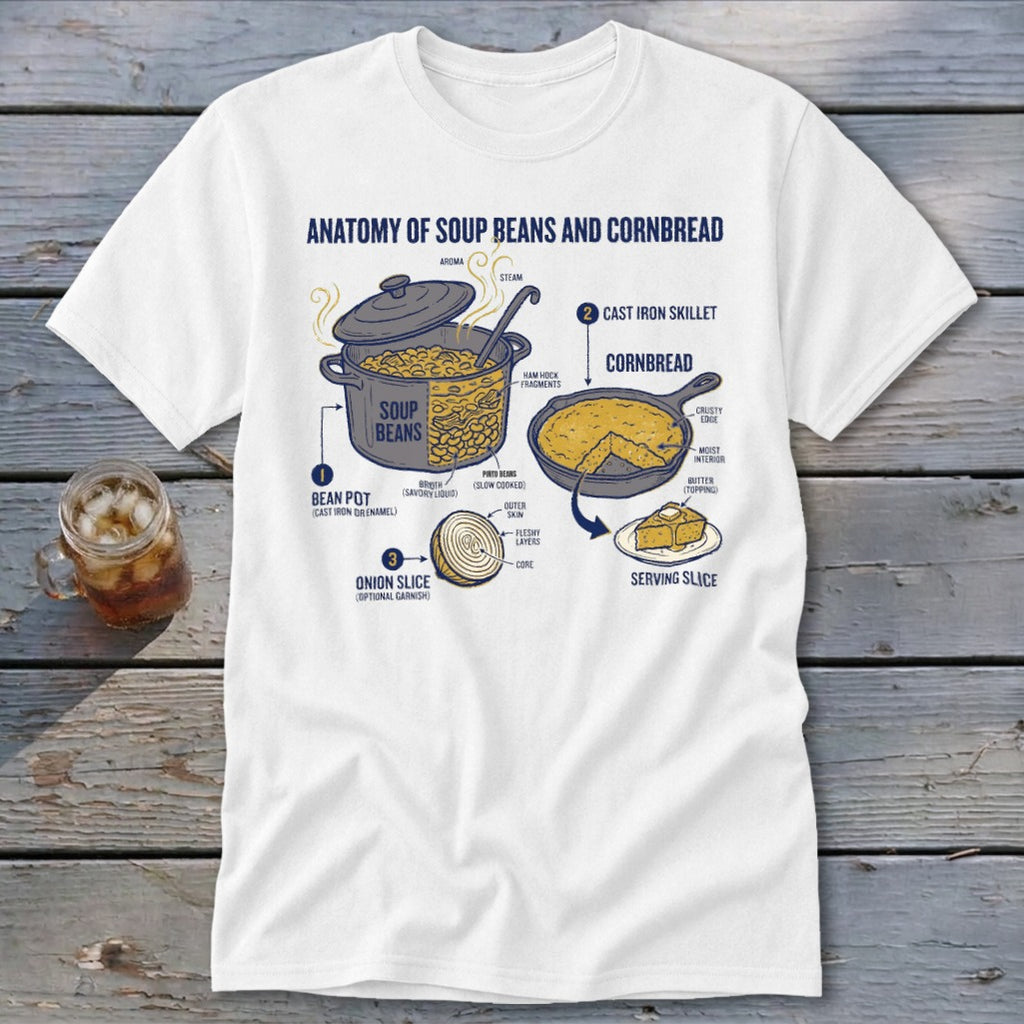 T-shirt design shows the anatomy of soup beans and cornbread.