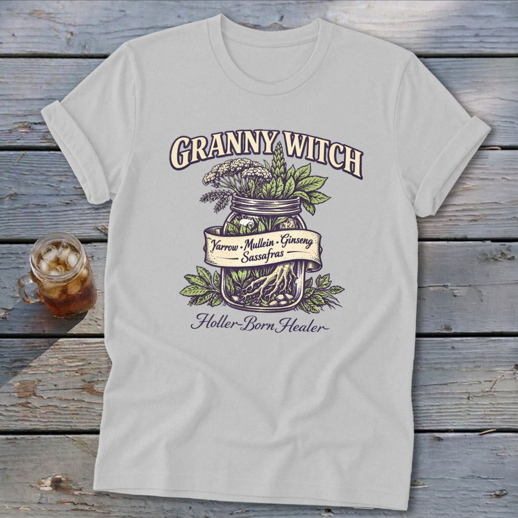Granny Witch Holler-Born Healer t-shirt with botanical jar graphic and ingredient names.