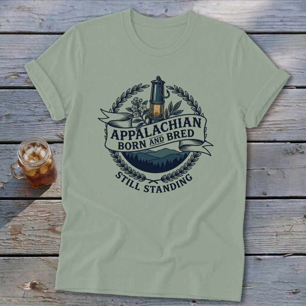 Light green t-shirt with Appalachian Born and Bred Still Standing logo.