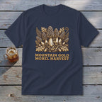 Dark navy t-shirt with "Mountain Gold Morel Harvest" text and mushroom illustration.