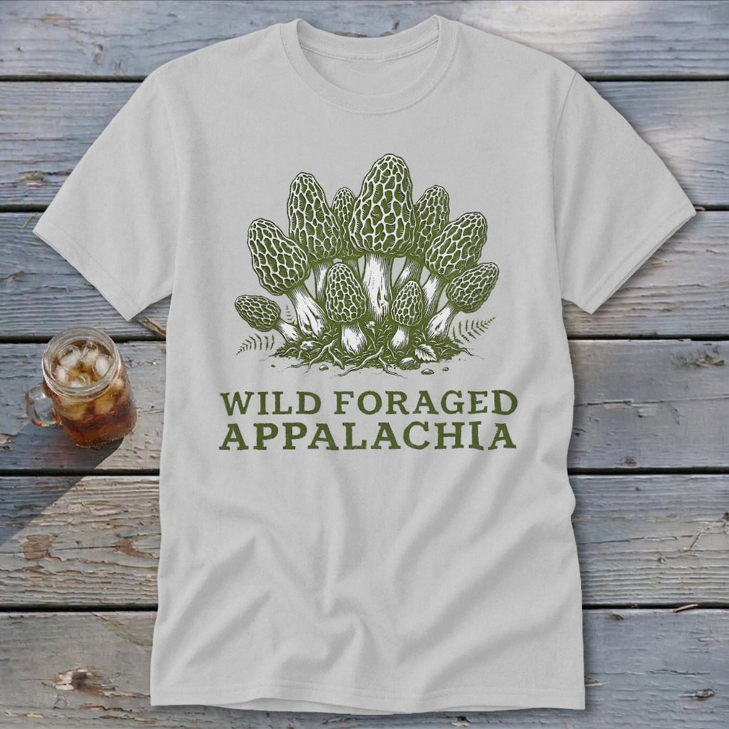 T-shirt with green morel mushrooms and text "WILD FORAGED APPALACHIA".