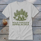 T-shirt with green morel mushrooms and text "WILD FORAGED APPALACHIA".