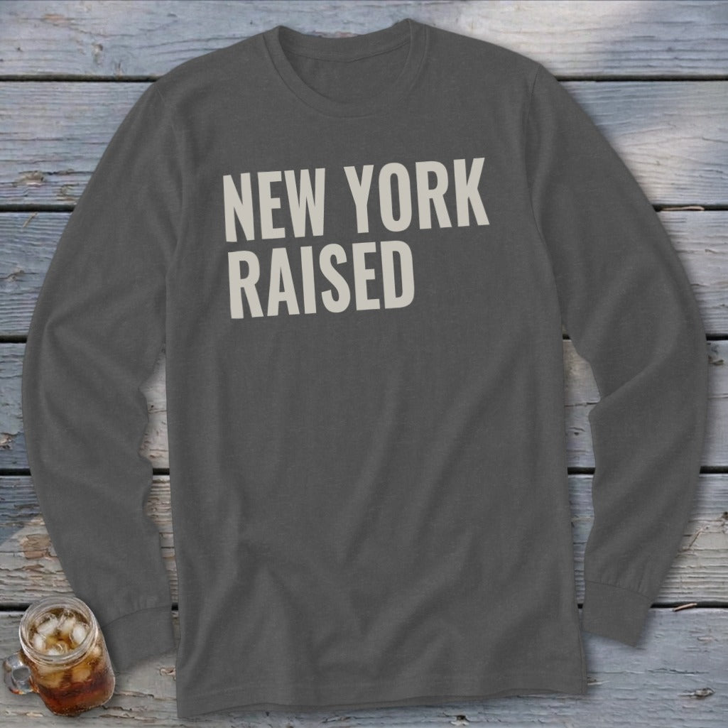 Dark gray long-sleeve shirt with "NEW YORK RAISED" text.