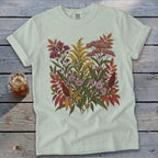 Light mint t-shirt with a colorful floral and foliage print.