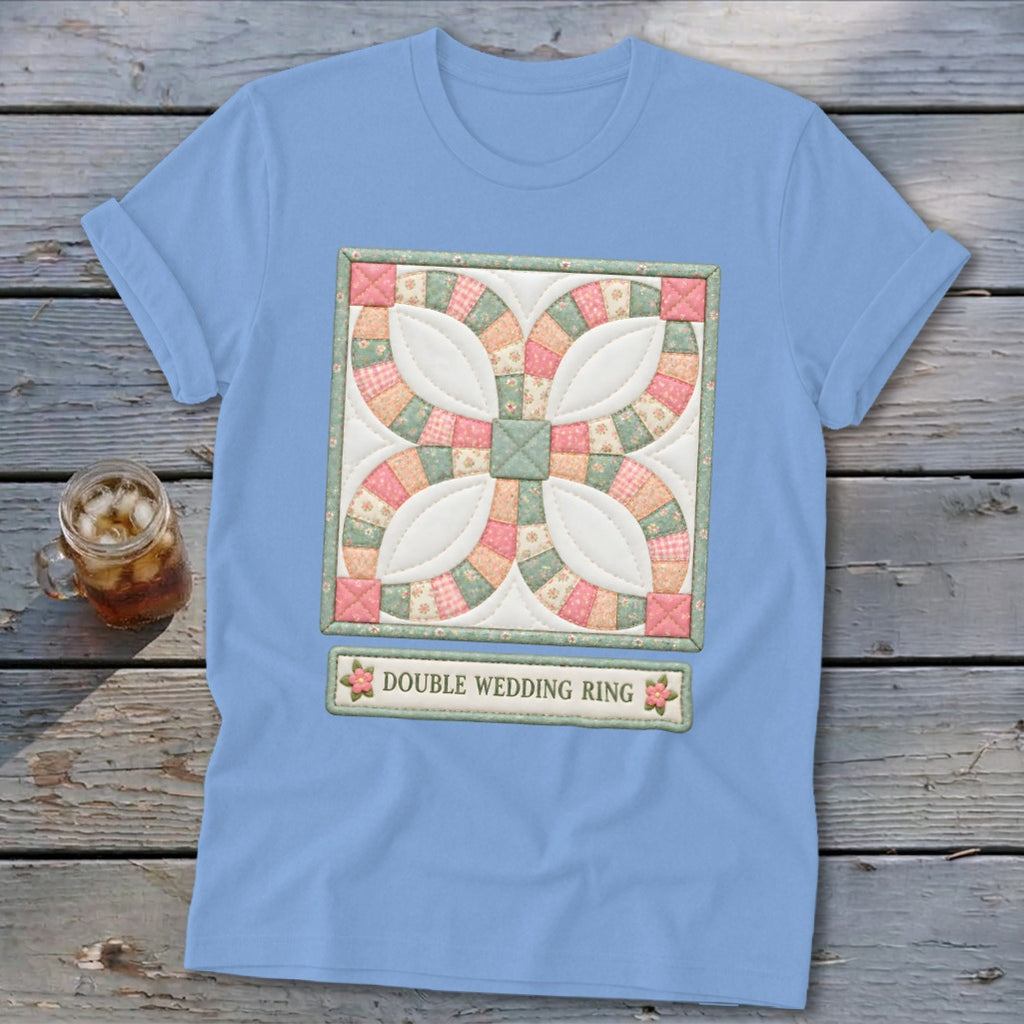 Light blue t-shirt featuring a quilted Double Wedding Ring block and text.