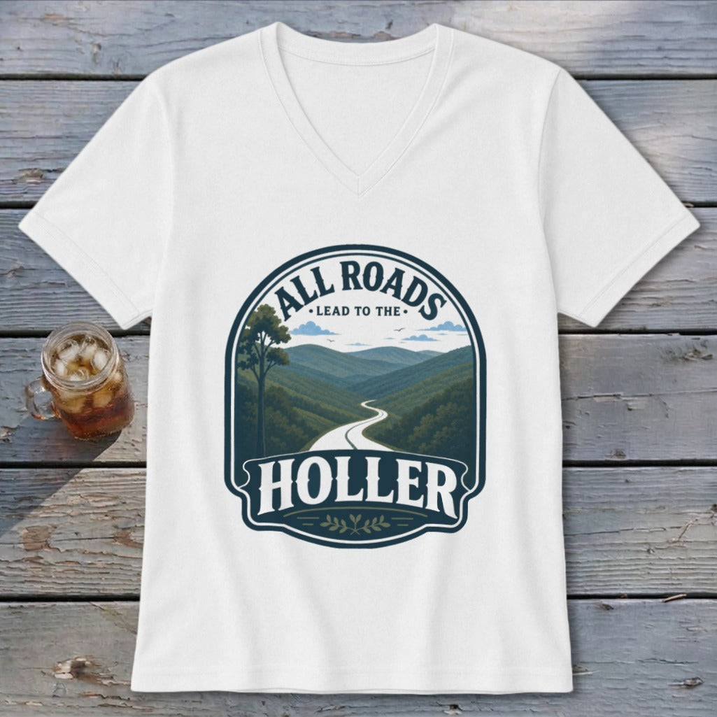 White t-shirt with a graphic that reads "ALL ROADS LEAD TO THE HOLLER".
