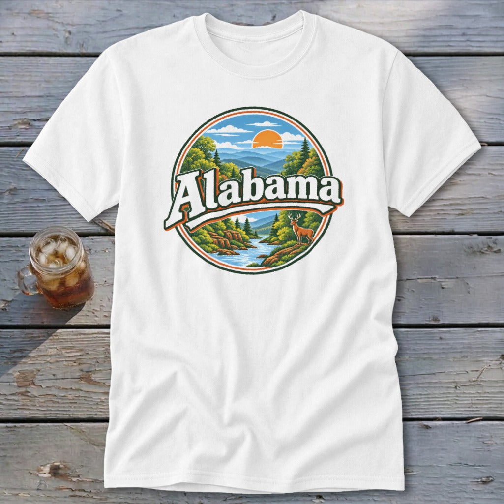 White t-shirt featuring a circular graphic with "Alabama" text, mountains, river, and deer.