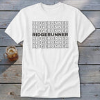 White t-shirt with "RIDGERUNNER" printed multiple times.