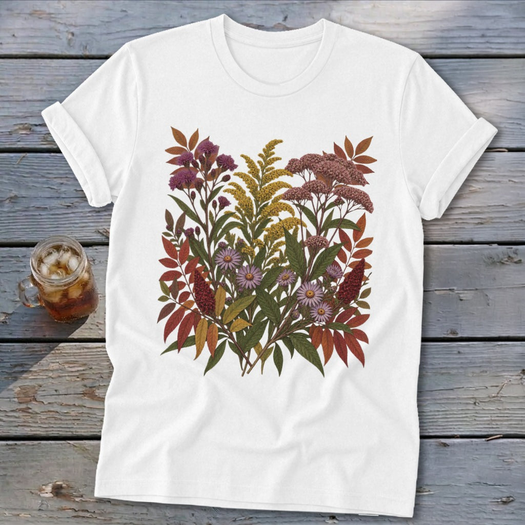 White t-shirt with a floral arrangement of purple, yellow, and red flowers and leaves.