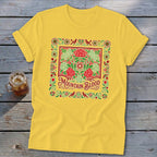 Yellow t-shirt with a red and green floral design and "Mountain Blood" text.
