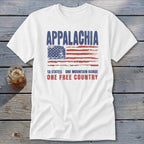 A white t-shirt displaying a vintage graphic of an American flag with the text Appalachia, 13 States, One Mountain Range, One Free Country.