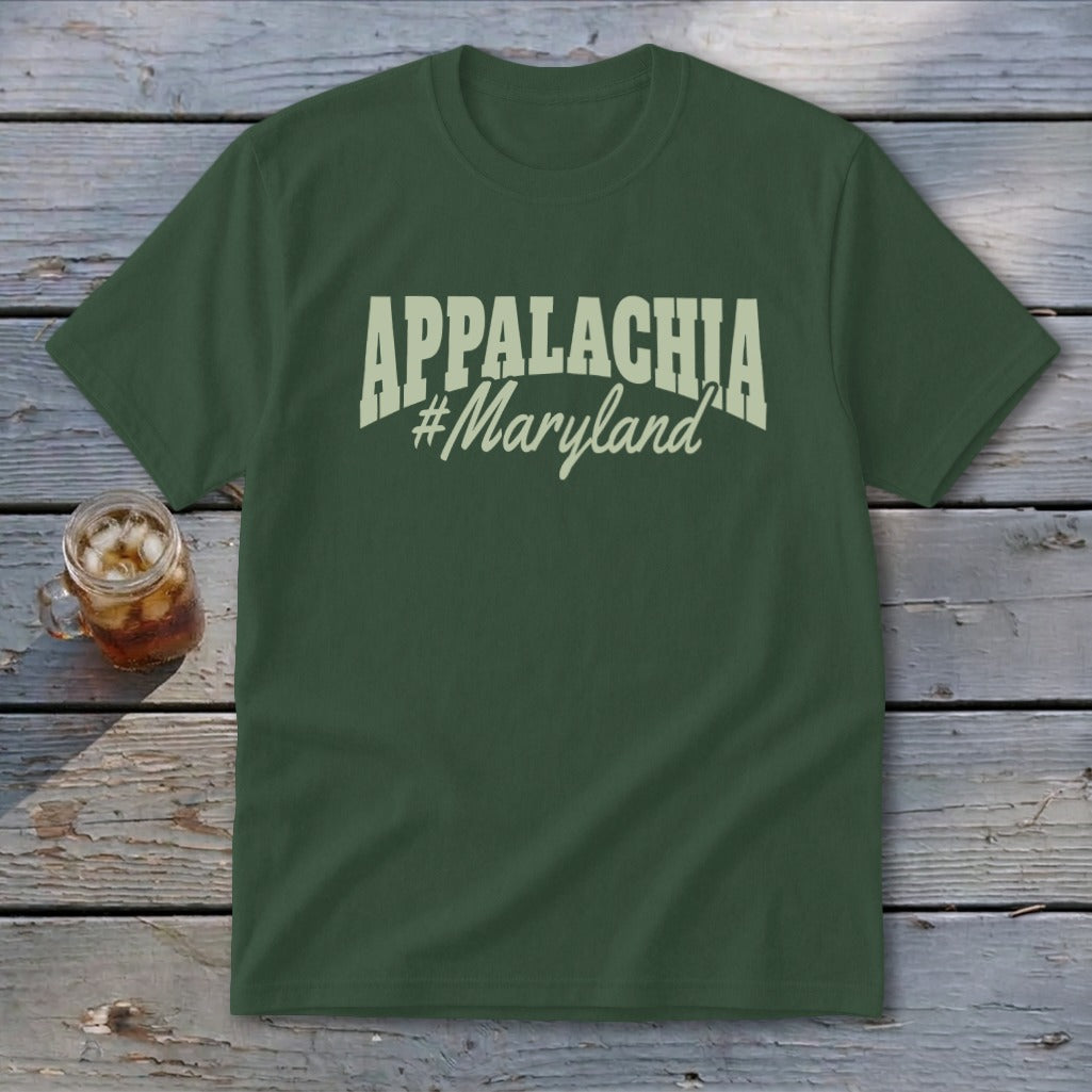 Green t-shirt with "APPALACHIA #Maryland" text in cream distressed font.