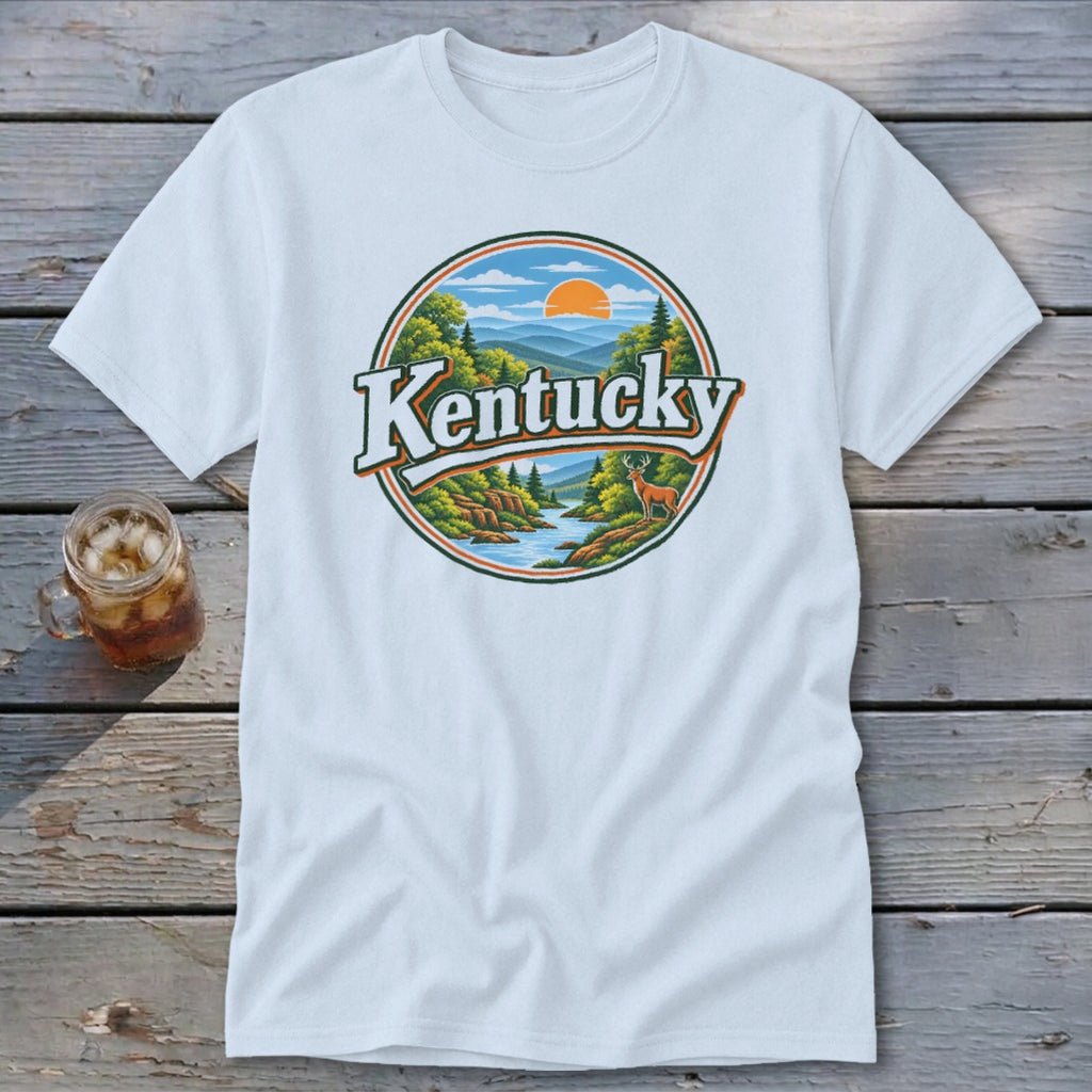T-shirt featuring a circular design with "Kentucky" text, mountains, river, trees, and deer.