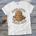 White t-shirt with "Dried Apple Stack Cake" graphic and an illustration of a cake.