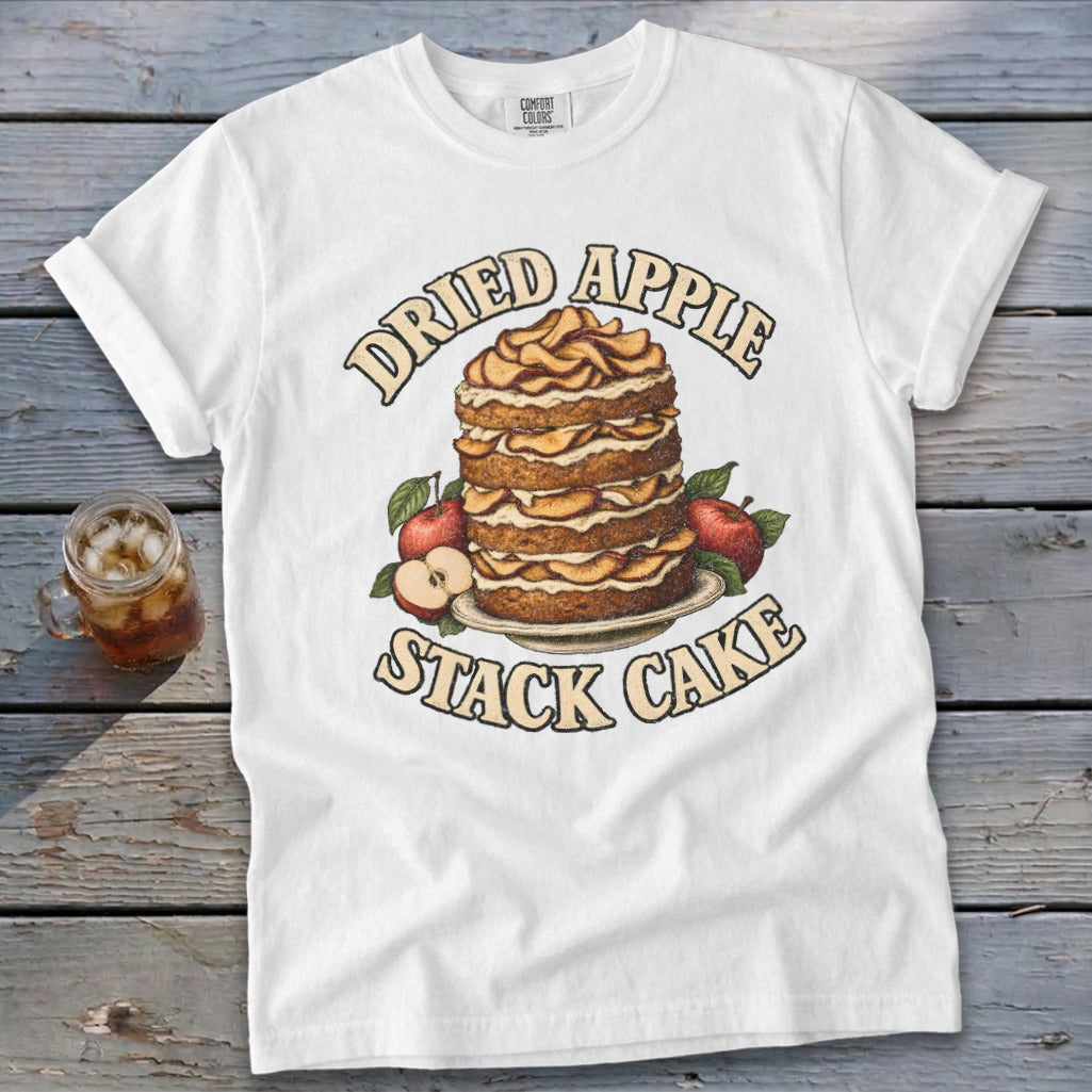 White t-shirt with "Dried Apple Stack Cake" graphic and an illustration of a cake.