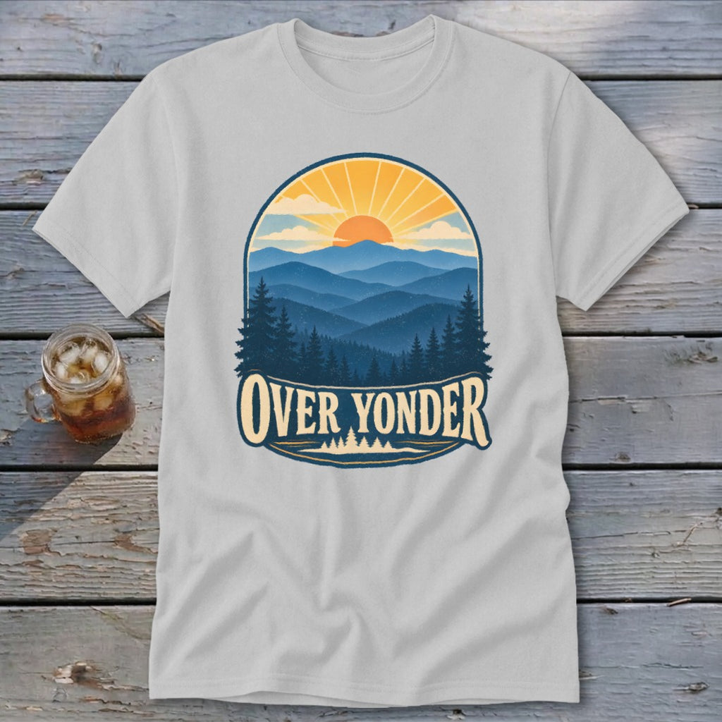 Light grey crew neck t-shirt featuring a retro mountain and sun graphic with Over Yonder text.