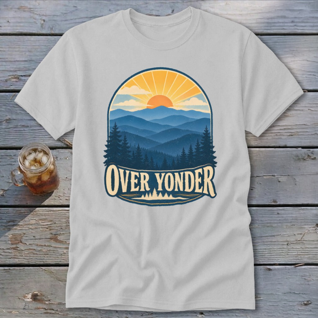 Light grey crew neck t-shirt featuring a retro mountain and sun graphic with Over Yonder text.