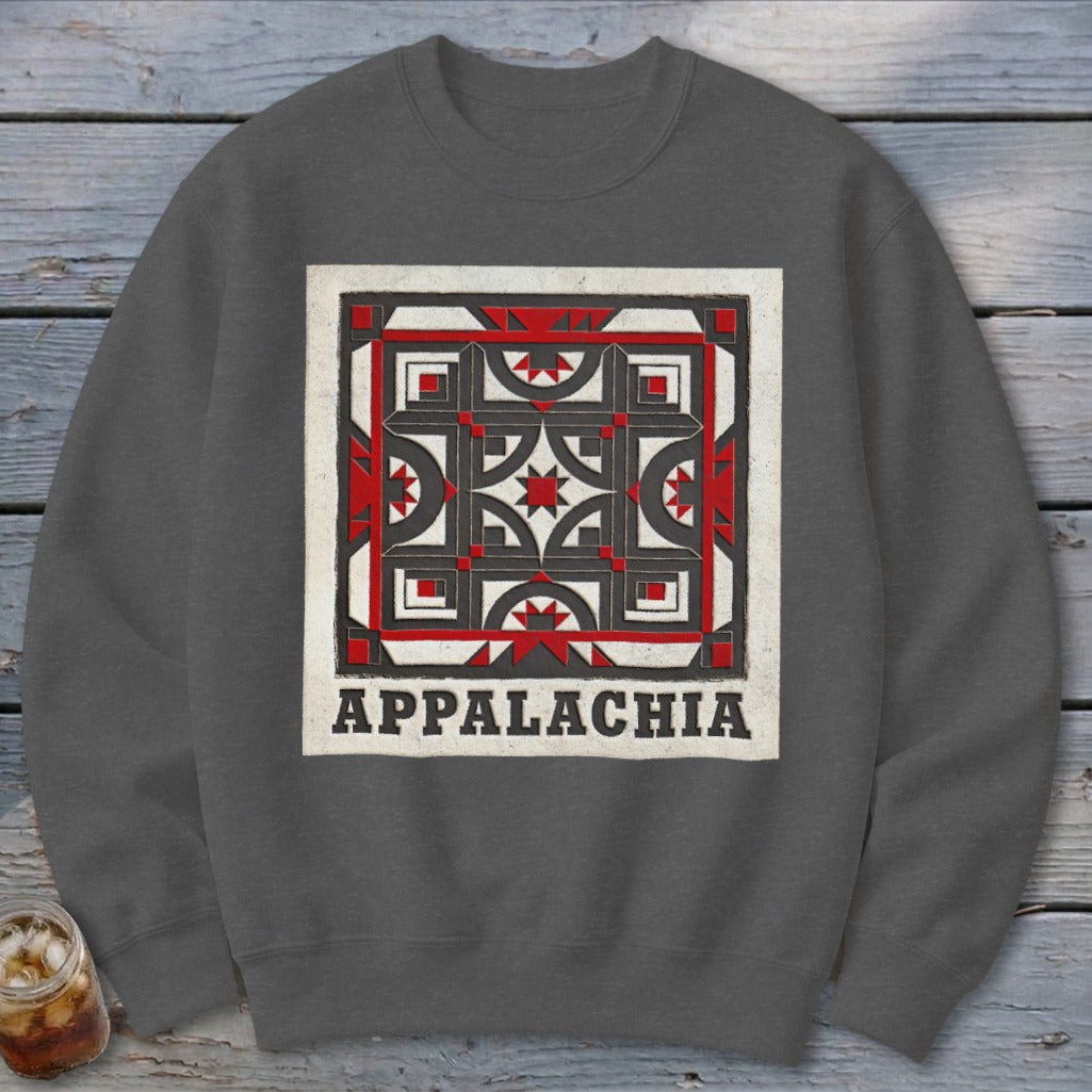 A dark gray crewneck sweatshirt featuring a square quilt block graphic and the text Appalachia.