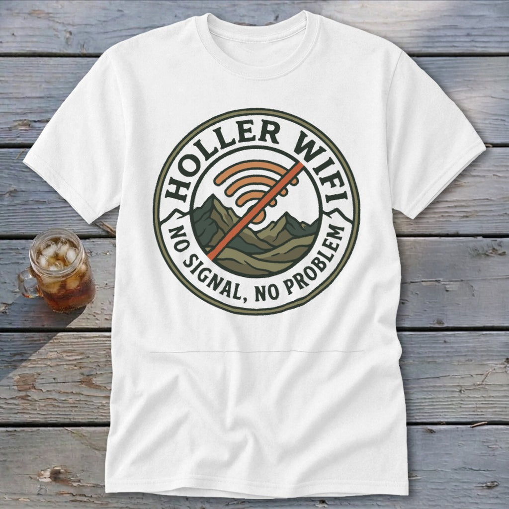 White t-shirt with "Holler Wifi, No Signal, No Problem" graphic and crossed-out wifi symbol.