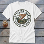 White t-shirt with "Holler Wifi, No Signal, No Problem" graphic and crossed-out wifi symbol.
