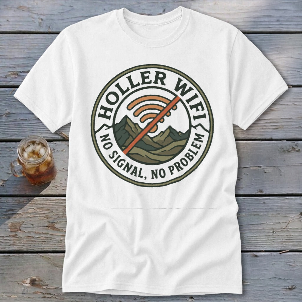 White t-shirt with "Holler Wifi, No Signal, No Problem" graphic and crossed-out wifi symbol.