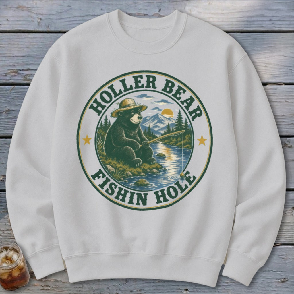 White sweatshirt with circular graphic of a bear fishing, text "Holler Bear Fishin Hole".