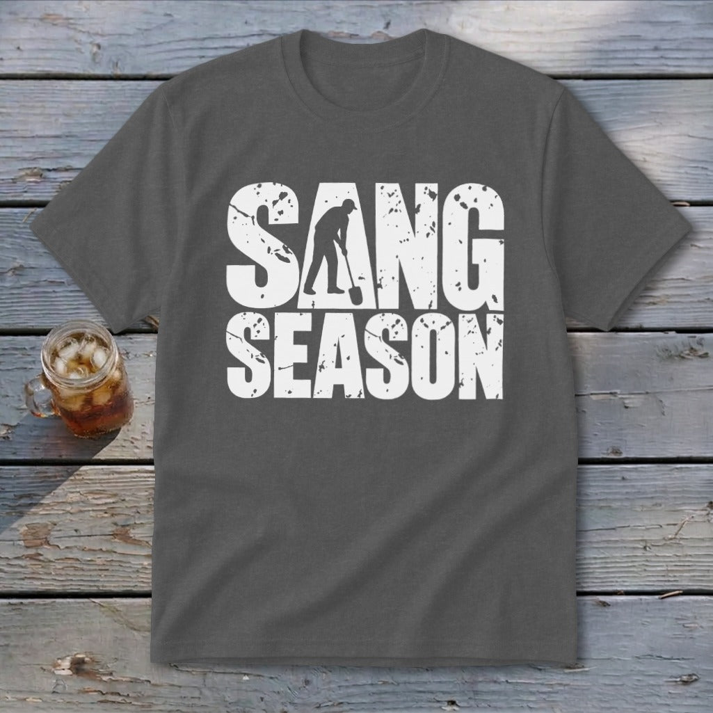 A dark gray crewneck t-shirt featuring the distressed white text SANG SEASON, with a silhouetted digger forming the letter A.