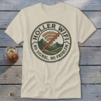 Cream t-shirt with "Holler Wifi No Signal, No Problem" graphic and mountains.
