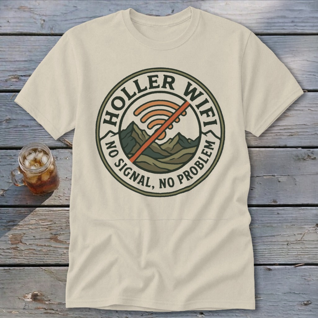 Cream t-shirt with "Holler Wifi No Signal, No Problem" graphic and mountains.