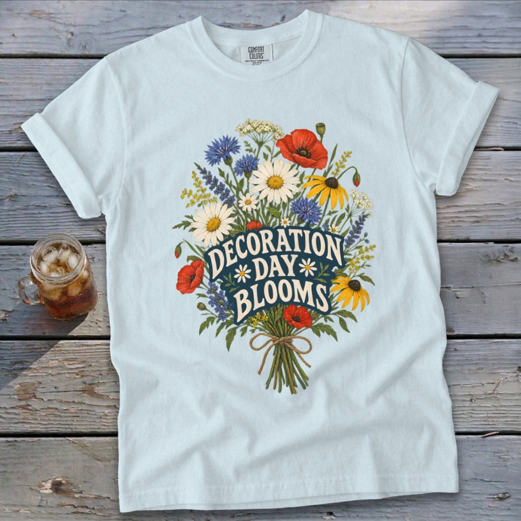 Light blue t-shirt with "Decoration Day Blooms" text and floral bouquet graphic.
