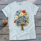 Light blue t-shirt with "Decoration Day Blooms" text and floral bouquet graphic.