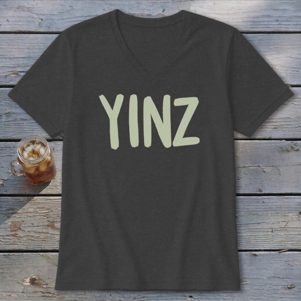 Dark grey v-neck t-shirt with "YINZ" in light green lettering.