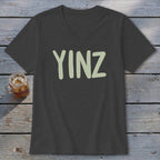 Dark grey v-neck t-shirt with "YINZ" in light green lettering.