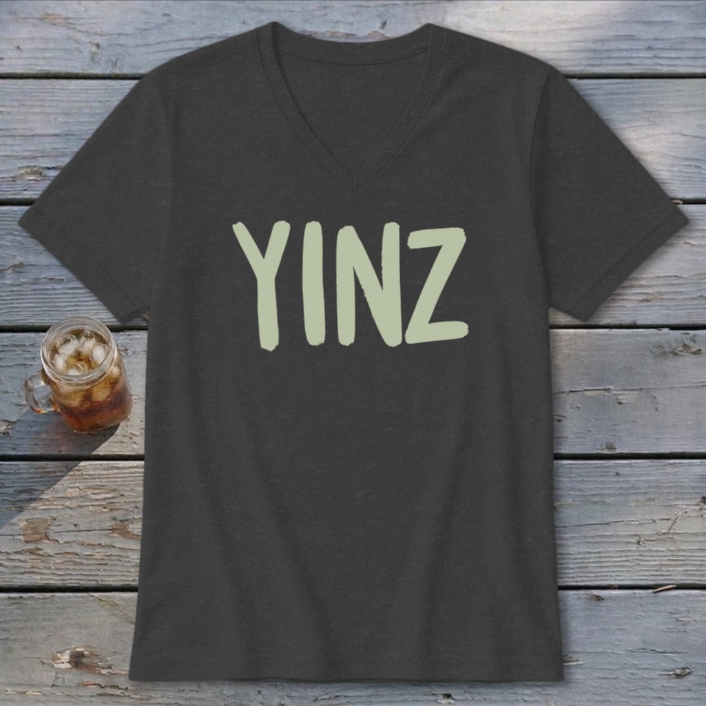 Dark grey v-neck t-shirt with "YINZ" in light green lettering.